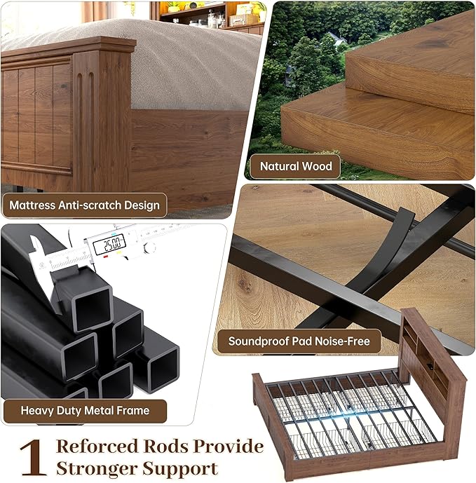 EnHomee Queen Bed Frame with 4 Storage Drawers, Bed Frame Queen Size with Headboard, Queen Bed with LED Lights & Charging Ports,No Box Spring Needed,NO Noise,Wooden, Brown