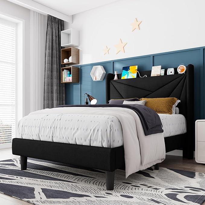 Feonase Twin Size Bed Frame with Charging Station, Upholstered Linen Bedframe with Wingback Headboard, Solid Wood Slats Support, No Box Spring Needed, Noise Free, Black