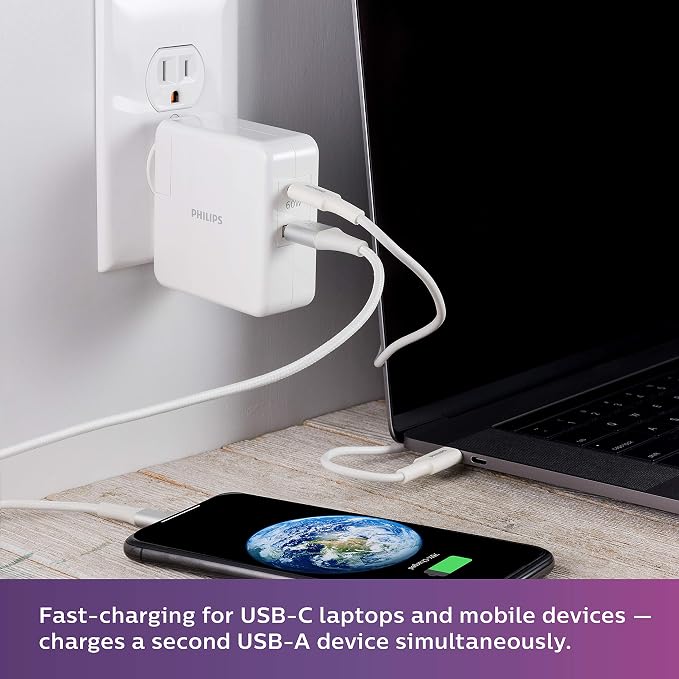 Philips 67.5W USB/USB-C Dual Port Wall Fast Charger and 6 ft. C-C Cable for iPhone15/14Pro/Max/13/12/11 iPad Air/Pro Samsung Galaxy S23/S22/Ultra Google Pixel DLP6111C/37