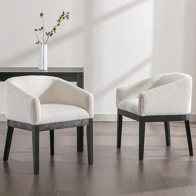 Mid-Century Modern White Dining Chairs Set of 8, Sherpa Upholstered Kitchen Dining Room Chairs with Wood Legs, Curved Backrest Armchairs, White