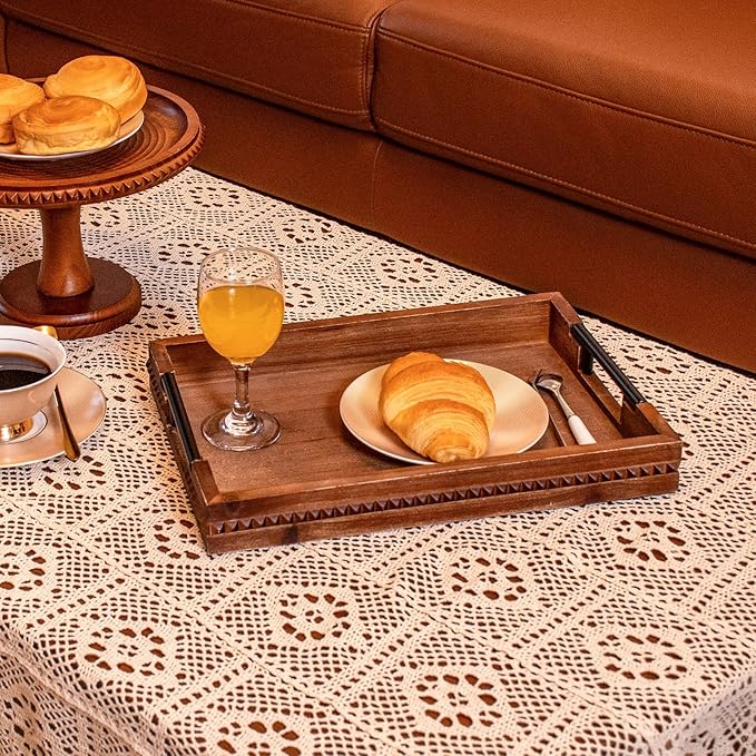 Rustic Wood Serving Tray with Handle Brown Rectangular Decorative Trays Farmhouse Charcuterie Boards Platter for Food, Fruit, and Coffee Great for Bed, Living, Coffee Table, Kitchen and Party