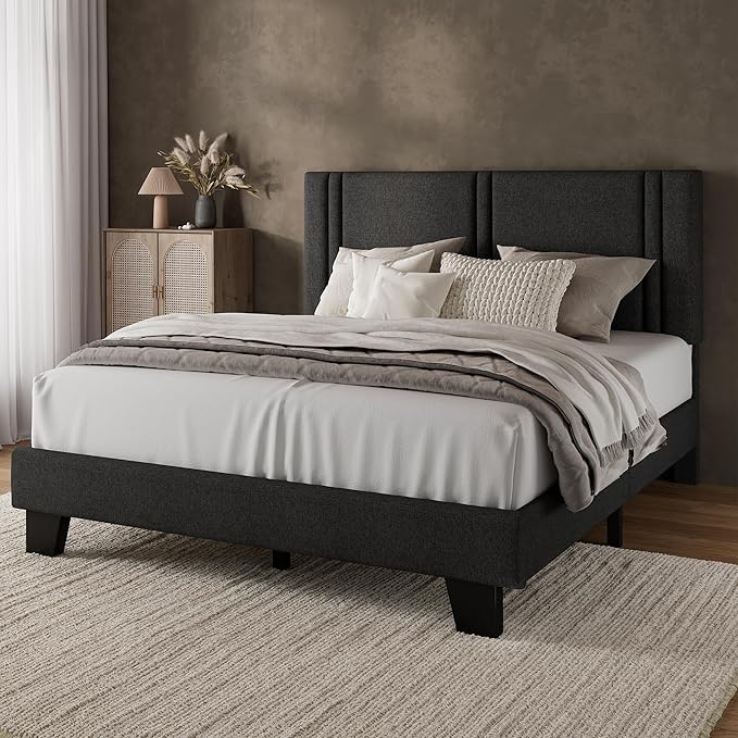 iPormis Queen Platform Bed Frame with Fabric Upholstered Headboard & Thickened Legs, Mattress Foundation w/Solid Wooden Slats Support, Noise Free, No Box Spring Needed, Dark Grey