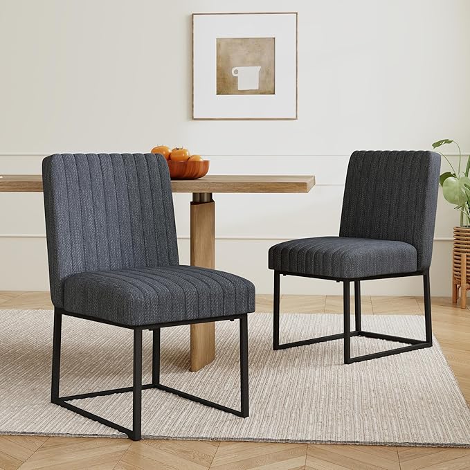 VKNOW Upholstered Dining Chairs Set of 6, Modern Dining Room Chairs with Stripe, Linen Kitchen Chair Dinner Chair with Black Metal Base for Kitchen Office, Dark Grey