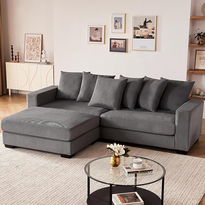 101.6" Deep Seat Modular Sectional Sofa, Thickened Corduroy Sectional Couches for Living Room, Comfy L-Shaped Upholstered Cloud Couch with Chaise, Widened Armrests for 4 People, Dark Grey