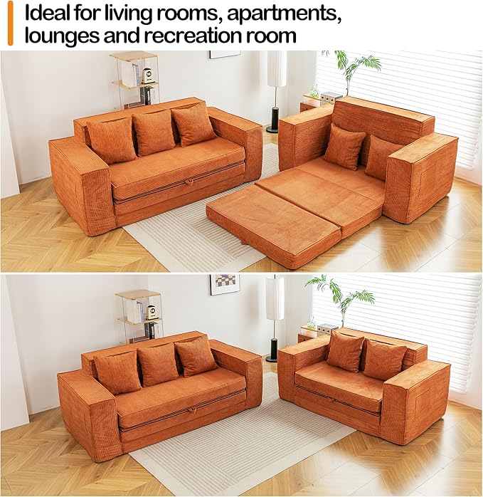 HOMREST 63" Convertible Memory Foam 3-seat Sofa, Pull Out Sleeper Sofa Bed, 2 in 1 Folding Couch Bed, Fold Out Floor Couch Corduroy Fabric with 2 Pillows for Living Room Bedroom Lounge (Brown)