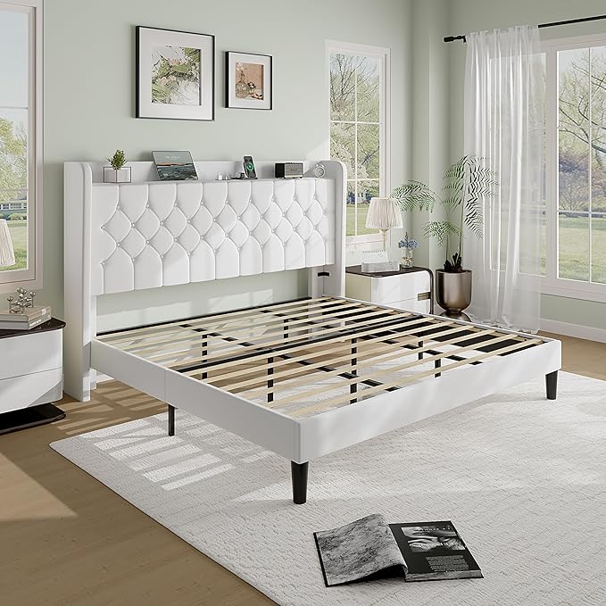 SHA CERLIN King Size Platform Bed Frame with Charging Station, Velvet Wingback Headboard with Storage Shelf, Wooden Slats Support, Ample Under-Bed Space, No Box Spring Needed, Easy Assembly, White