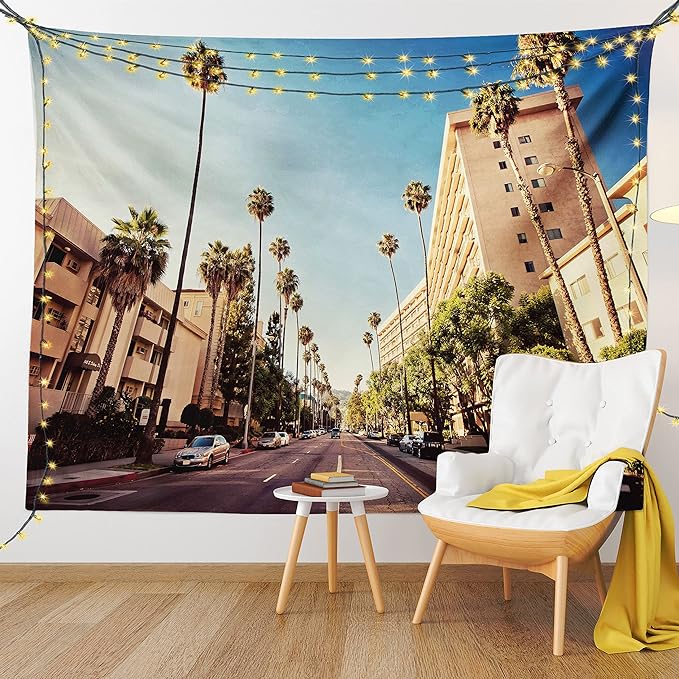 Ambesonne Urban Tapestry, Street in Beverly Hills CaliforniPalm Trees Houses Famous City Photo, Fabric Wall Hanging Decor for Bedroom Living Room Dorm, 30" X 45", Pale Blue Peach Green