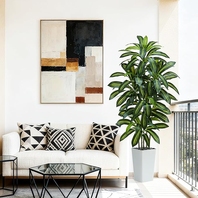 Artificial Dracaena Tree:6FT Faux Silk Tropical Yucca Floor Trees Realistic Fake Green Plant with Natural Wood Trunk & Lifelike Leaves for Home Office Decor Indoor & Outdoor (6FT,1-Pack,White)