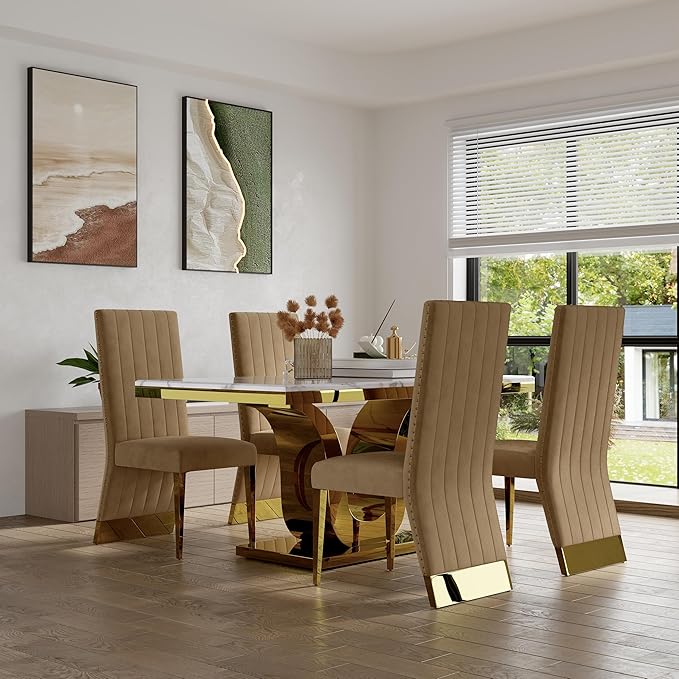 AUZ Dining Chairs with Nail Head Trim, Modern Velvet Upholstered Dining Room Chairs in Lovely Color with Polished Gold Stainless Steel Legs, Set of 6