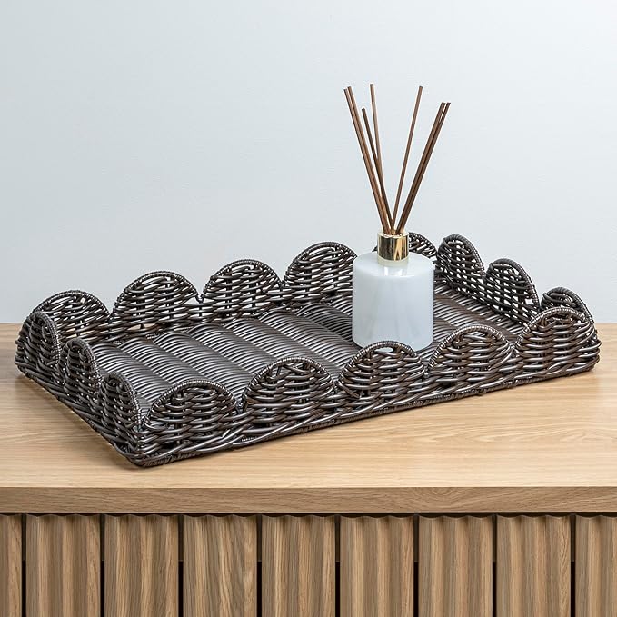 happimess TRY2001B-3SET Parker Southwestern Cottage Resin Scalloped Rectangular Decorative Serving Trays, Dark Brown (Set of 3) for Storage and Decoration in Bathroom, Bedroom, Living Room