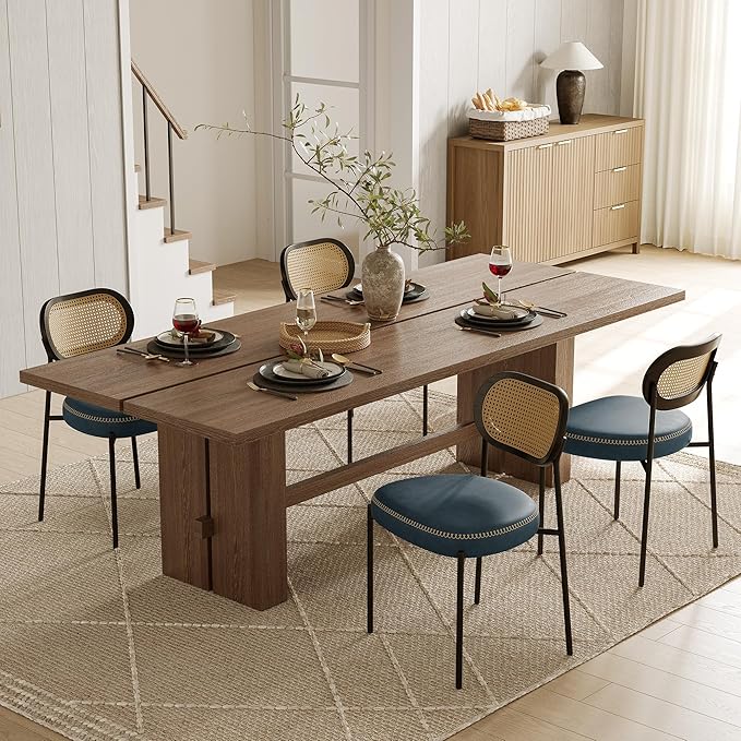Rattan Dining Chairs Set of 6, Blue Leather Upholstered Dining Chairs with Rattan Cane Back, Mid Century Modern Dining Room Chairs with Black Metal Legs & D-Shaped Thicken Cushion, Blue