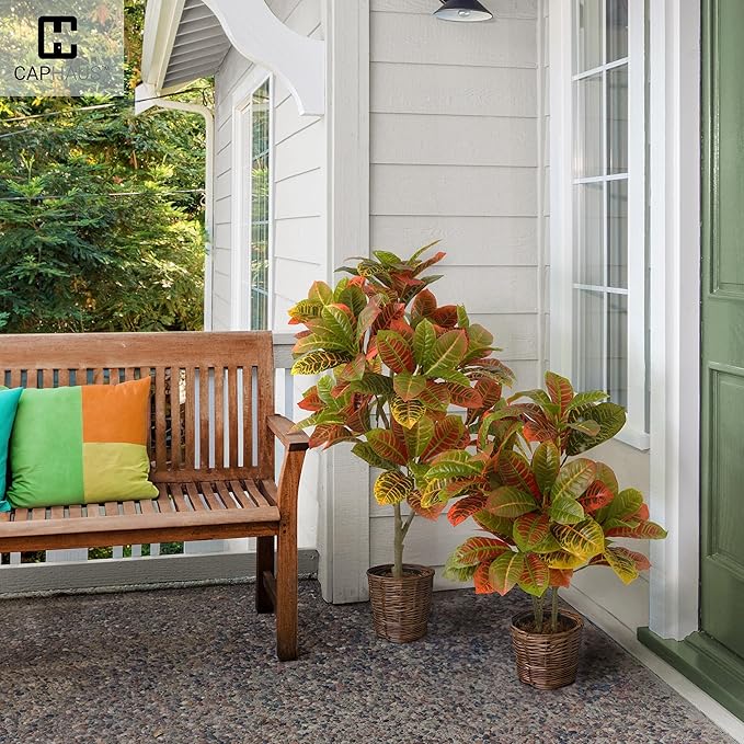 CAPHAUS 36 Inch Artificial Croton Tree Potted Plant - UV Resistant Faux Topiary Plant, Low Maintenance Realistic Indoor Outdoor Decor for Home, Office, Front Porch, Patio