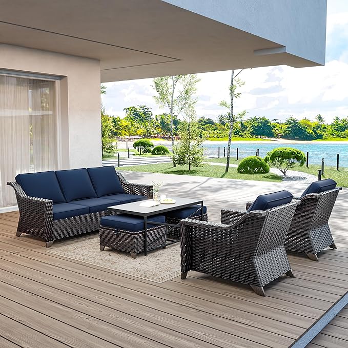6 Pieces Wicker Patio Furniture, Luxury Outdoor Conversation Sets with 2 Patio Rattan Chair, 3-Seater Sofa, 2 Patio Ottoman and 1 Coffee Table, Wide Armrest, Thickened Cushions