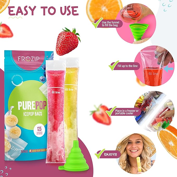 Disposable Ice Popsicle Mold Bags - 125, BPA Free Freezer Tubes, Zip Seals