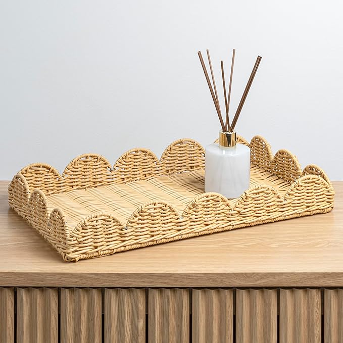 happimess TRY2001A-3SET Parker Southwestern Cottage Resin Scalloped Rectangular Decorative Serving Trays, Brown (Set of 3) for Storage and Decoration in Bathroom, Bedroom, Living Room