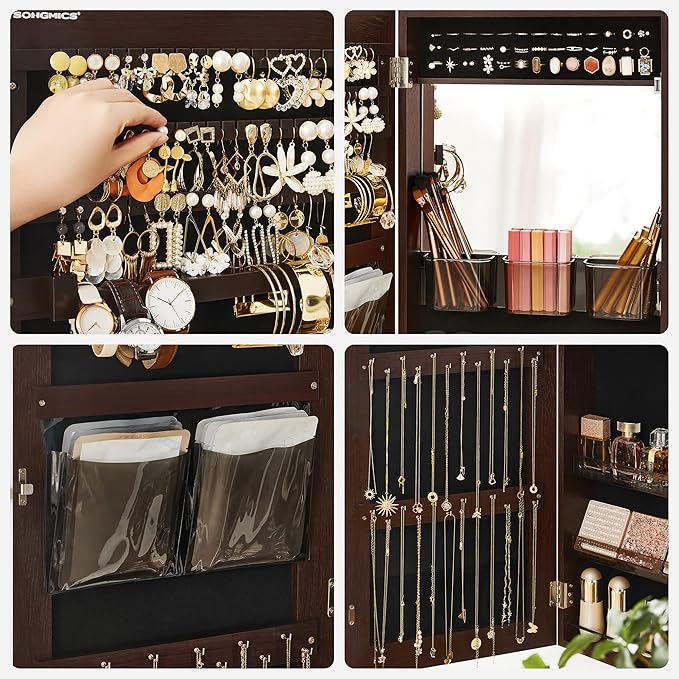SONGMICS Jewelry Cabinet Armoire, Wall or Door Mount Storage Organizer with Full-Length Frameless Mirror, Lockable Cabinet with Built-in Small Mirror, Shelves, Gift Idea, Brown UJJC003K01