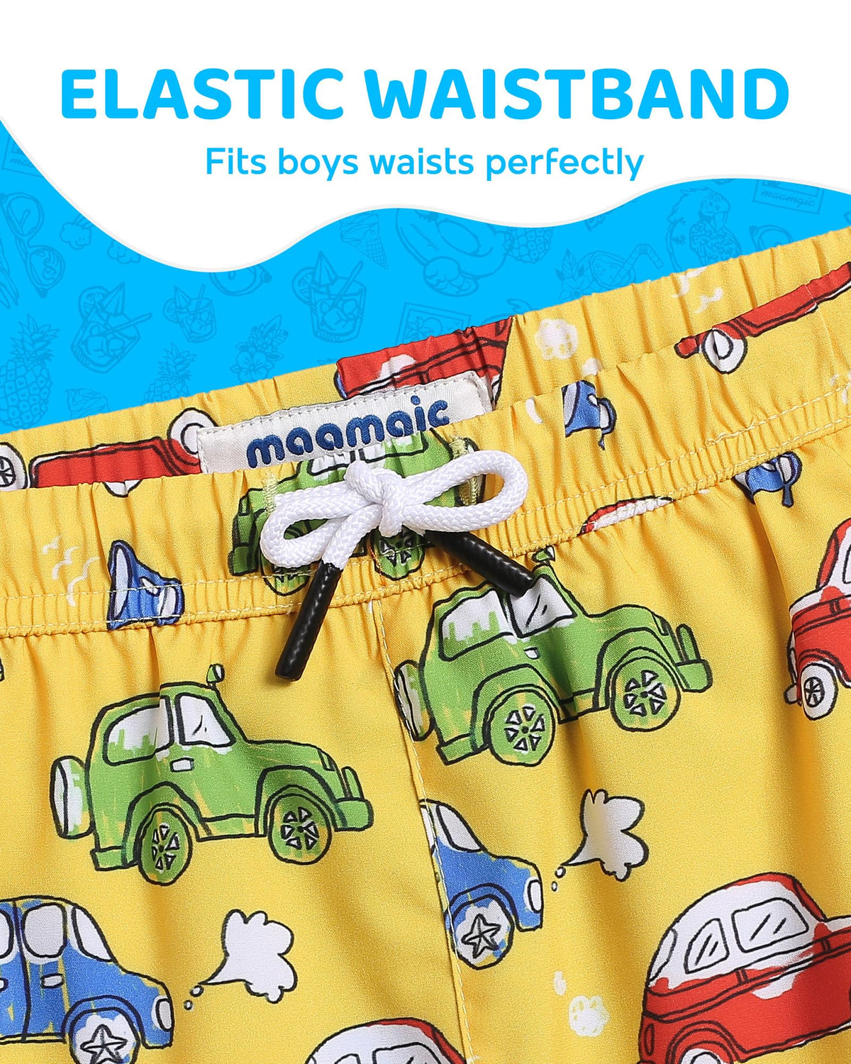 maamgic Boys Swim Trunks with Compression Liner Toddler Boy Swimsuit Quick Dry 4-Way Stretch Swimming Trunks Cartoon car Yellow 7 Years