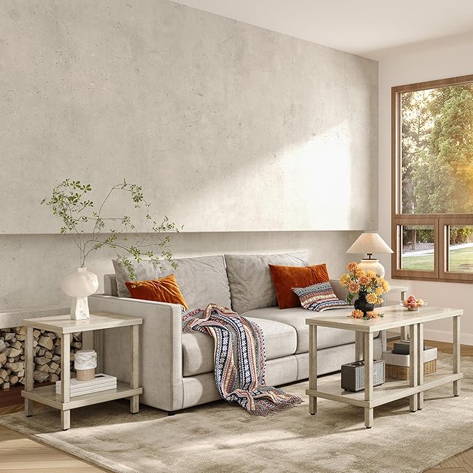 Large End Table Square Side Table Modern Sofa Table 20 Inch Industrial Coffee Table NightStand with 2-Tier Storage Shelf for Living Room Bedroom Oak Grey MLBZ06Z