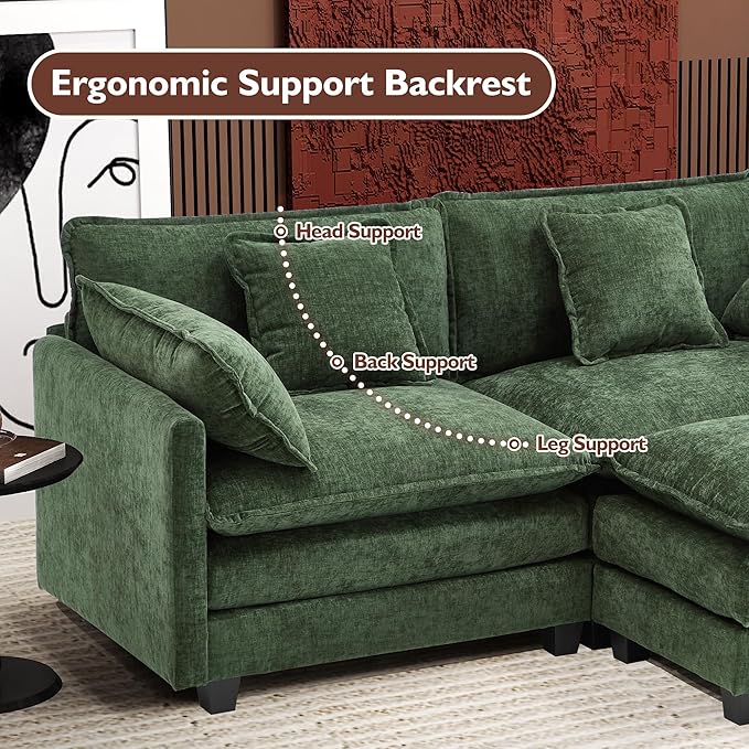 Ihanherry 77" L Shaped Modern Sofa Modular Sectional Cloud Couch with Ottoman, 3-Seat Chenille Deep Seat Sofa with Pillow for Living Room, Bedroom and Apartment, Green