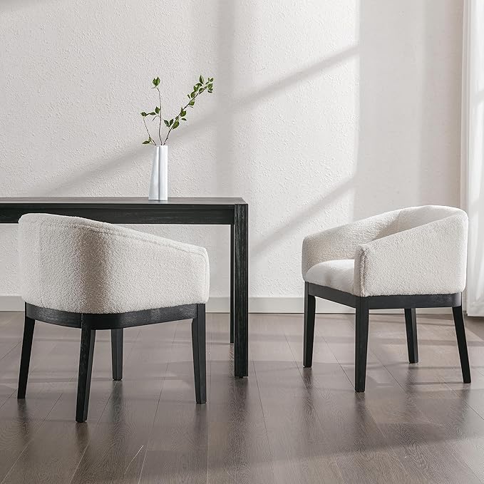 White Mid Century Modern Dining Chairs Set of 4, Farmhouse Boucle Upholstered Accent Curved Backrest Kitchen Chairs Armchairs with Black Wood Legs, White