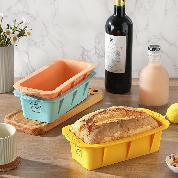 DAJLFA Silicone Bread Loaf Pan, 3 PCS Silicone Loaf Pans for Baking, Non Stick Bread Pans for Homemade Bread, Brownies, Cakes, Dishwasher Safe (3 Colors, Nesting Design)