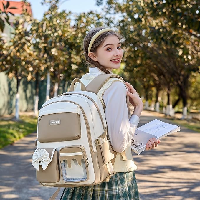 School Backpack for Girls 3PCS Nylon Kids Backpack Set with Lunch Box & Pencil Pouch, Cute Lightweight Teen Girls School Bag Laptop Bag Travel Daypack for Elementary Middle High School Beige Brown