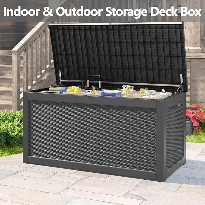 260 Gallon Resin Deck Box, Large Indoor and Outdoor Storage Box, Weatherproof and UV Resistant Outdoor Storage Box with Built-in Steel Beams for Patio Cushions, Pool Supplies