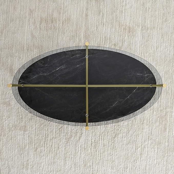Oval Glass Coffee Table, Mid-Century Modern Design, L43 x W22 x H17 inch, Surfboard Shaped Grey Glass Top and Black Marble Finish Wood Shelf, Tapered Legs with Gold Finish Frame