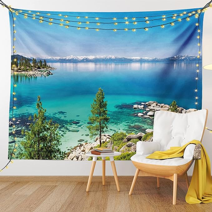 Ambesonne Blue Tapestry, Tranquil View of Lake Tahoe Sierra Pines on Rocks with Turquoise Waters Shoreline, Fabric Wall Hanging Decor for Bedroom Living Room Dorm, 23" X 28", Blue Grey Green
