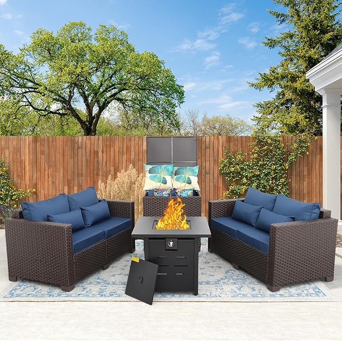 Propane Fire Pit 28 Inch Outdoor Fire Pit 50000 BTU Square Gas Fire Table with Steel Lid Blue Crystal Beads and Waterproof Cover for Outside Patio and Garden