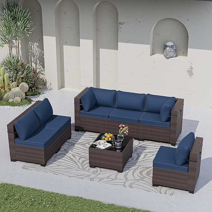 Kurapika 7 Pieces Patio Furniture Set, Rattan Wicker Outdoor Conversation Sets w/4 Inch Cushion and Glass Coffee Table(Navy Blue)