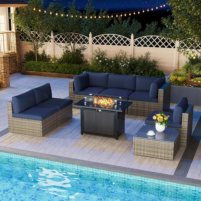 8 Pieces Outdoor Patio Furniture Set with 43" Fire Pit Table, Wicker Outdoor Patio Sectional Sofas Coffee Table, All-Weather Patio Conversation Set with Cushions for Garden Backyard, Navy Blue