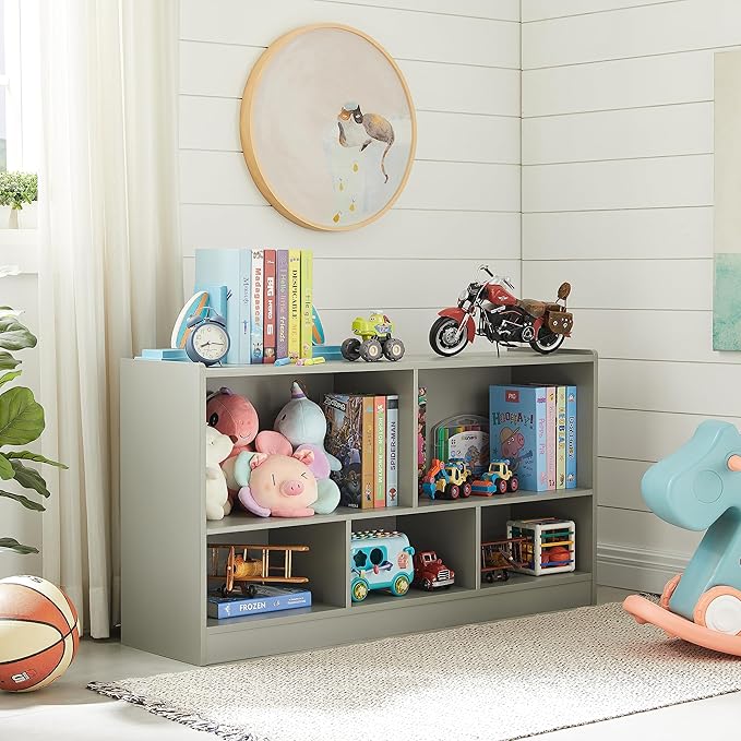 Toy Organizers and Storage, 5-Section Kids Bookshelf for Organizing Books Toys, School Classroom Wooden Storage Cabinet for Children's Room, Playroom, Nursery (Grey)