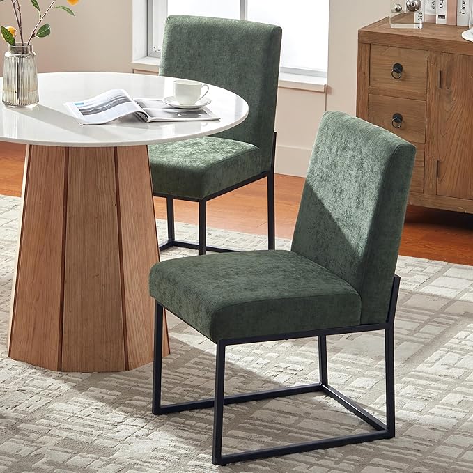VKNOW Upholstered Dining Chairs Set of 4, Modern Dining Room Chairs, Linen Kitchen Chair Dinner Chair with Black Metal Base for Kitchen Office, Green-Unstriped