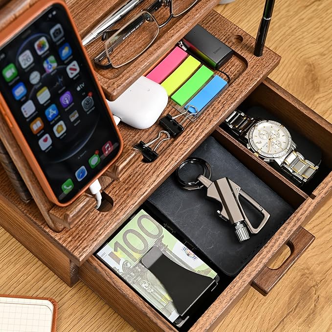TESLYAR Wood Phone Docking Station with Drawer - Nightstand Organizer - Desk Organizer for Husband - Birthday Gifts for Men, Dad, Anniversary Idea, Key Holder Stand Watch & Accessories (Earth Beige)