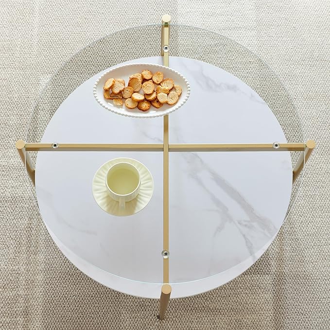 Shrine Modern Coffee Table with Glass Top, Round Table for Living Room, Two-Tier 30-Inch White Wooden Storage Coffee Table, Gold Table Legs Structure & Clear Glass Top