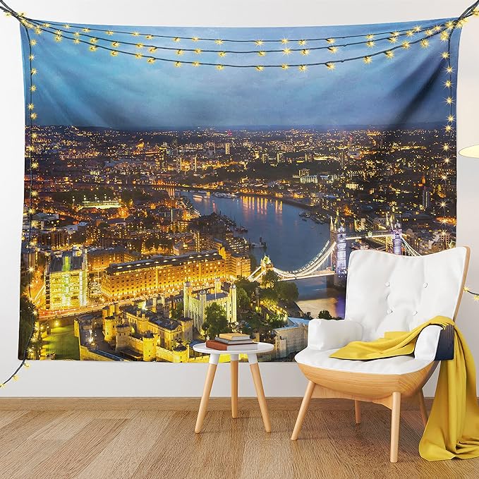 Ambesonne Modern Tapestry, Sunset at London England Cityscape Night Time and Tower Bridge Landmark Urban, Fabric Wall Hanging Decor for Bedroom Living Room Dorm, 23" X 28", Yellow Bluegrey