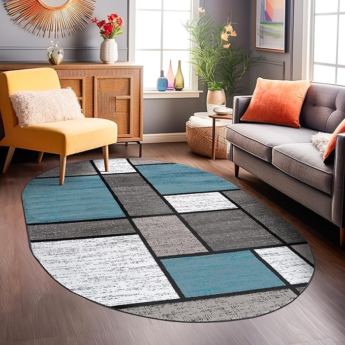 Rugshop Contemporary Modern Boxes for Home Office,Living Room,Bedroom,Kitchen Non Shedding Oval Area Rug 5' x 7' Blue
