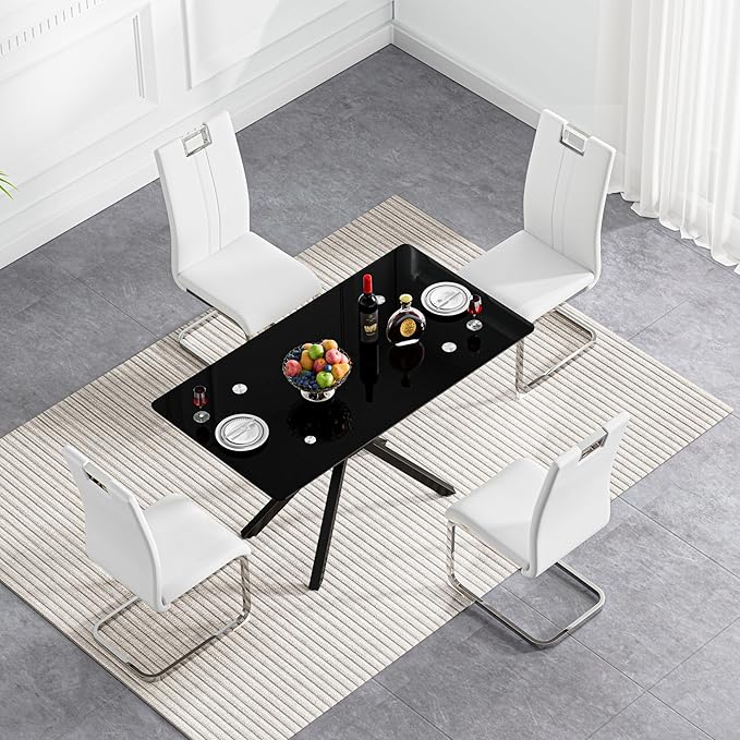47.2" Black Glass Dining Table, Modern Kitchen Table for 4 People, Contemporary Rectangular Dining Room Dinner Tables with Black Glass Top & Black Metal X Legs for Kitchen Apartment