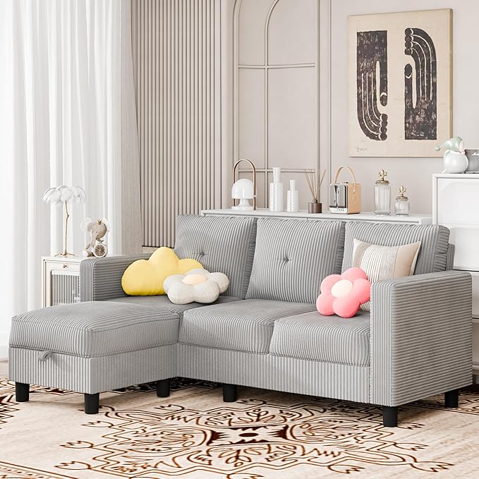 SUNLEI Convertible Sectional Sofa for Small Spaces, L Shaped Modular Sofa with Reversible Chaise & Ottoman Storage, 3 Seat Modern Small Couches for Living Room in Apartment, Linen Fabric, Light Grey