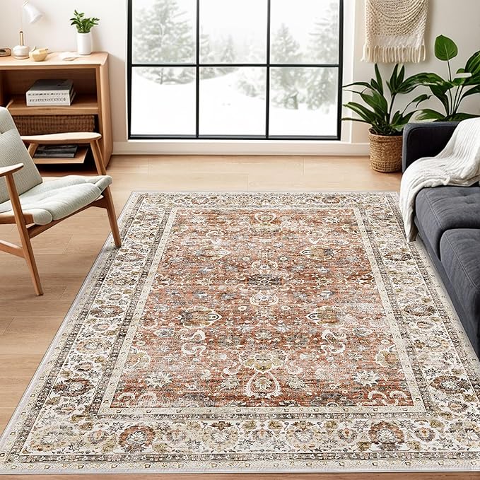 Large 5x8 Area Rugs for Dining Room Machine Washable Rugs Boho 5x8 Rug for Living Room Carpet Non-Slip Family & Pet Friendly Area Rugs Print Floor Rug(Brick Red 5x8ft)