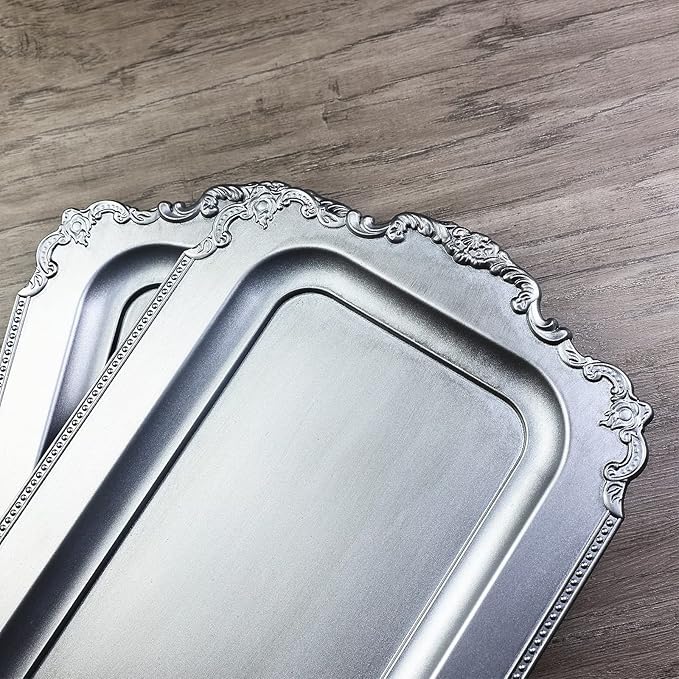 Set of 2 Matte Silver-Effect Plastic Decorative Trays for Coffee Table- Vintage Style (Actual Available Size: 10.5" L x 5.9" W)