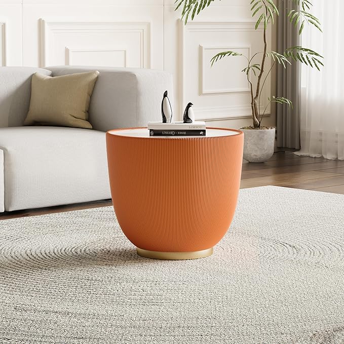 Round Coffee Table Set with Sintered Stone Tabletop, 29.53" Orange Drum Center Table and 19.69" Orange Coffee Table Set, 2 Pieces Living Room Table Set with Fluted PU Leather Cover&Metal Base