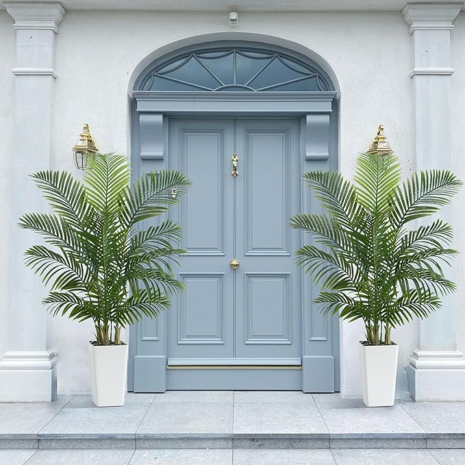 Artificial Palm Tree:5FT Tropical Fake Silk Plant UV Resistant Faux Areca Palm with White Planter & Black Pebbles for Home Office Living Room Decor Indoor Patio Porch Balcony (5FT,1-Pack,White)