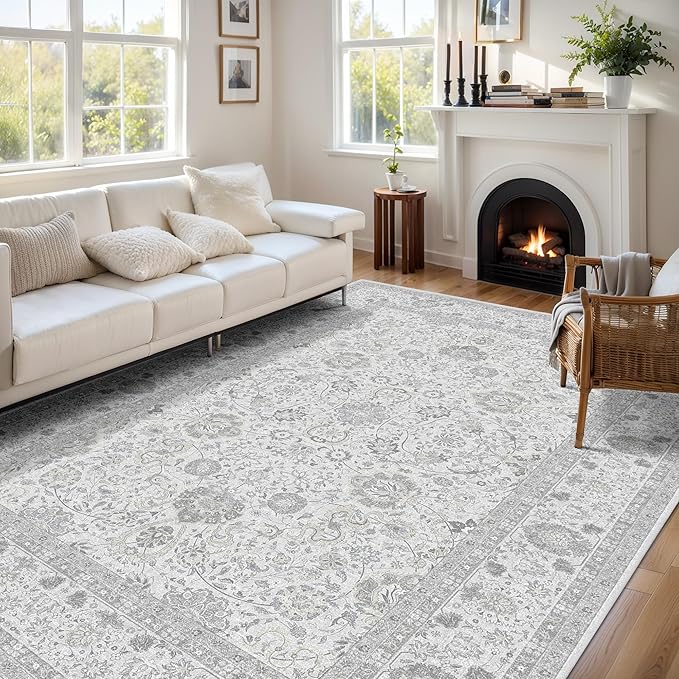 Neutral Area Rugs 8x10 for Living Room Vintage Rug Boho Floral Modern Washable Area Rug with Non-Slip Backing Large Carpet for Bedroom Dining Room Light Grey