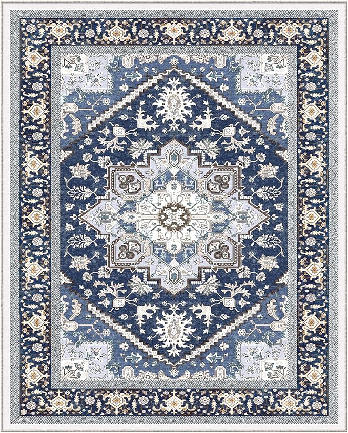 OPPODREAM Thin 8x10 Area Rugs, Washable Rugs 8x10 with Non Slip Backing, Faux Cashmere Low-Pile 8 x 10 Carpet, Navy Blue & Gold