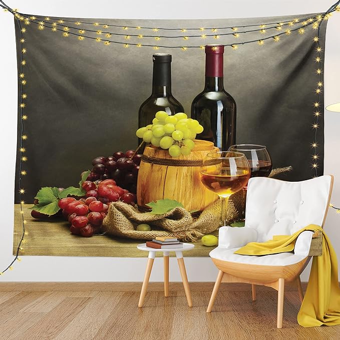 Ambesonne Winery Tapestry Queen Size, Cask Bottles and Glasses of Wine and Ripe Grapes on Wooden Table Picture Print, Wall Hanging Bedspread Bed Cover Wall Decor, 88" X 88", Grey Taupe