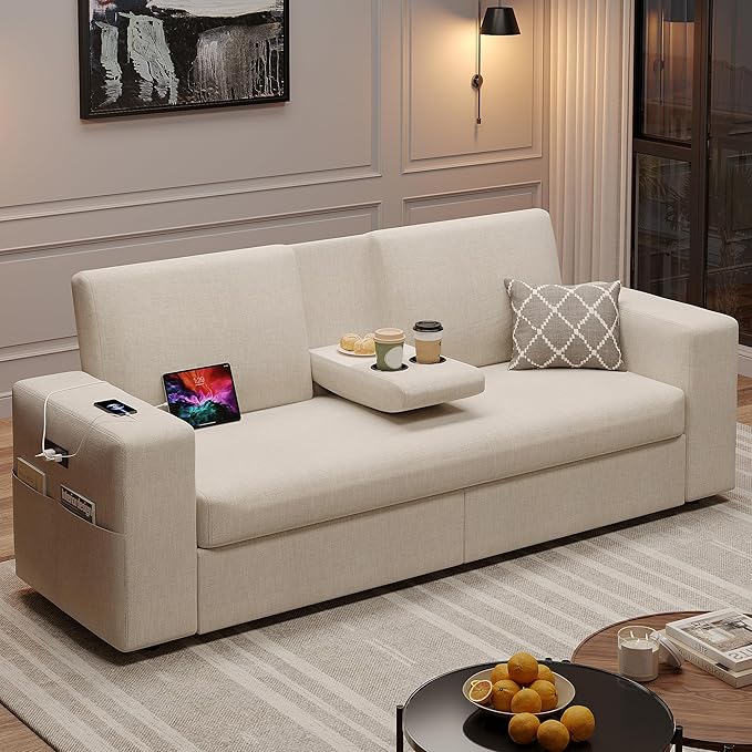 Maupvit 75” Loveseat Sofa with 2 Drawers, USB & Type-C Charging Port, Comfortable Linen Living Room Couch with Small Table Board, Upholstered Small Settee Fits Bedroom, Office,Beige