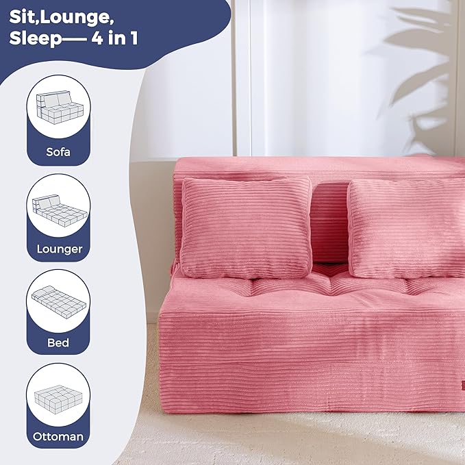 MAXYOYO Convertible Sofa Bed, Fold Out Loveseat Sleeper Sofa with Pillow, 4 in 1 Tufted Folding Couch Bed Foam Floor Couch, Lazy Chair for Living Room Bedroom Guest Room, Pink
