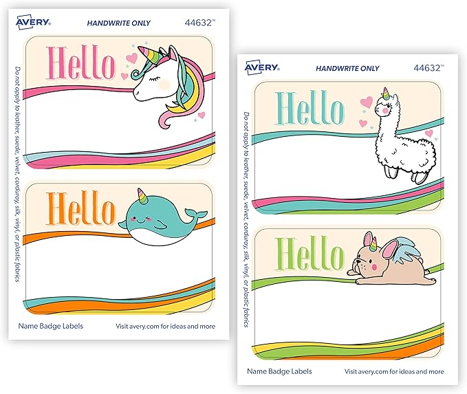 Avery Magical Rainbow Animal Name Tags, Unicorn, Llamacorn, Narwhal, French Bulldog, No Lift, 36 Handwriteable Stickers